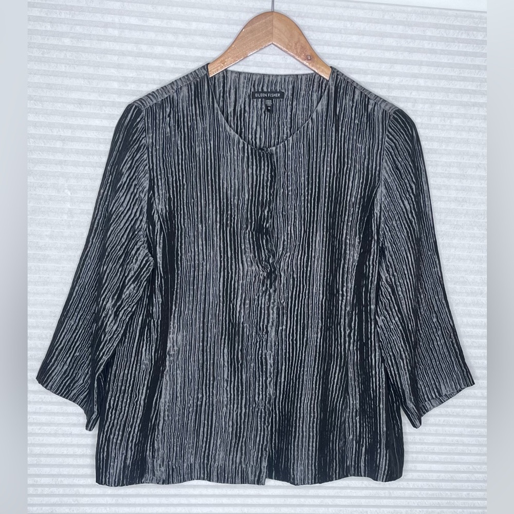 Eileen Fisher Jacket Blouse Button Front Silk Gray Metallic Silver Textured L